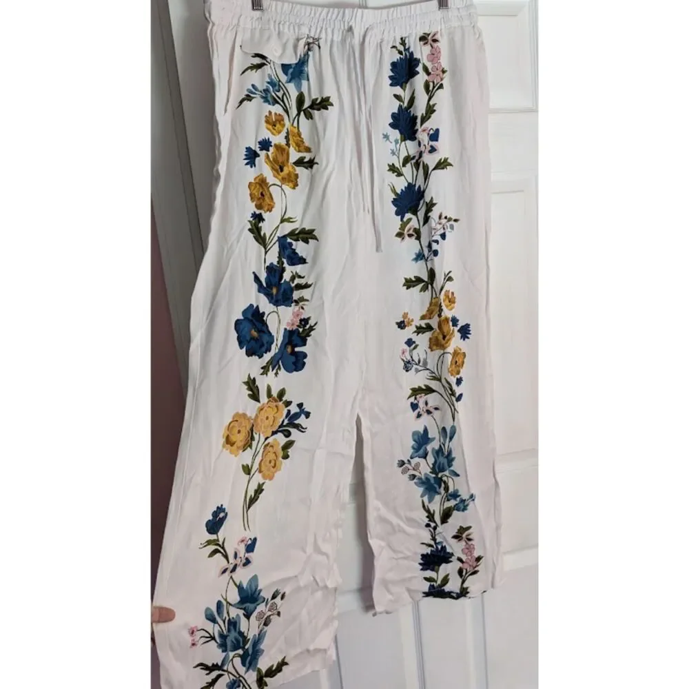 By Anthropologie Printed Pull-On Floral White Pants Size XL NWT